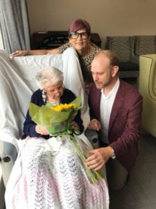 Liz Behjat and Tom Symondson with Wirraminna Aged Care resident, Laurence, who recently celebrated his 105th birthday