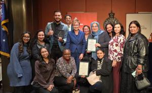 Members of the SydWest Multicultural Services team with NSW Minister for Seniors Jodie Harrison.