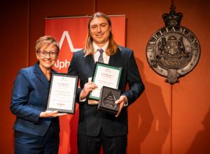 NSW Minister for Seniors Jodie Harrison with James Wotherspoon at the awards ceremony at NSW Parliament House in Sydney on Aged Care Employee Day.