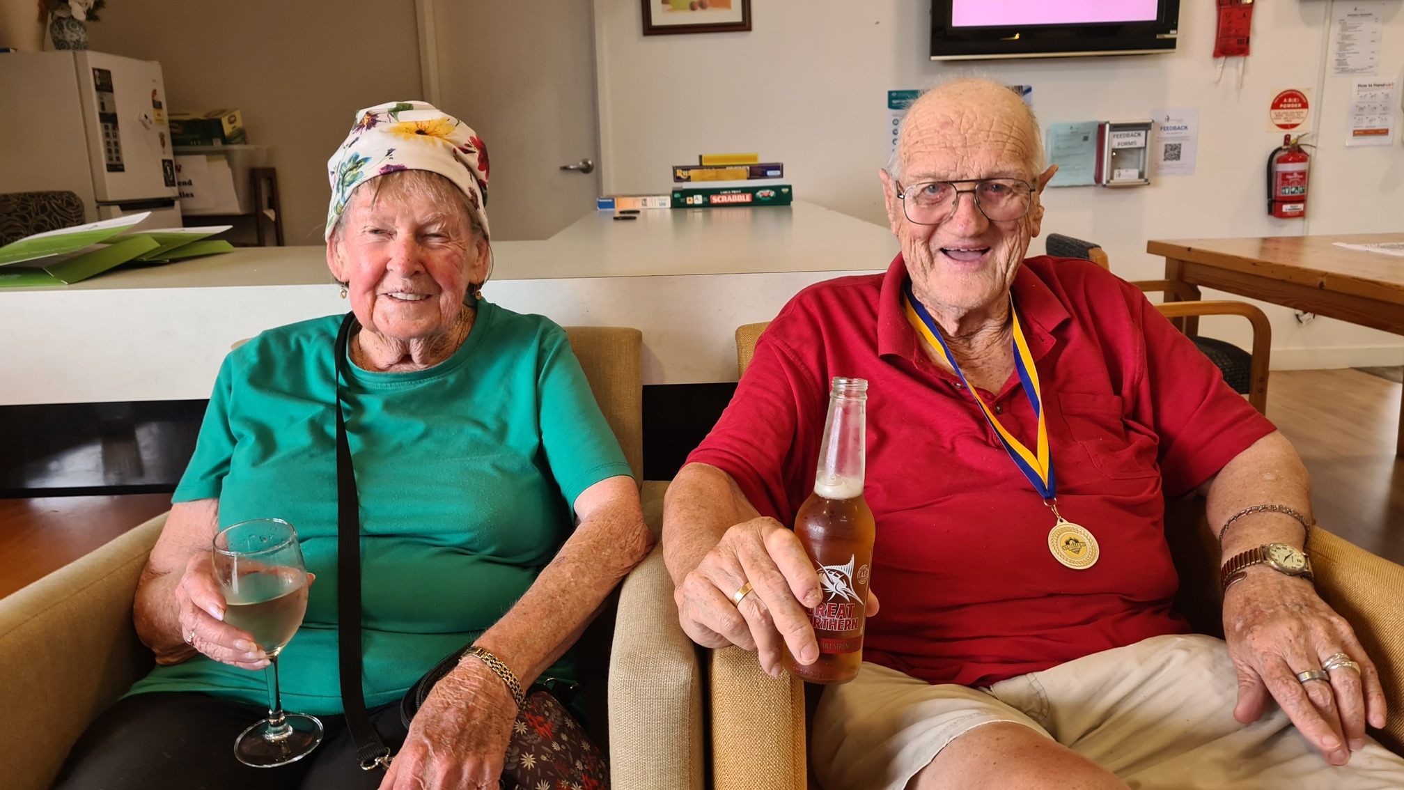 Prom Country Aged Care residents Malcolm Ellis and Robyn Speers enjoying weekly happy